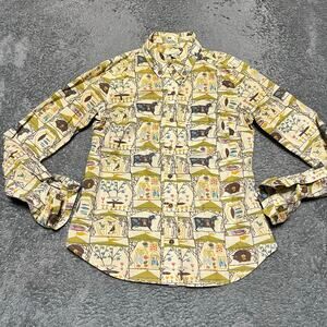 Odille Anthropologie Shirt Women 0 XS All Over Print Long Sleeve Button Cow Farm